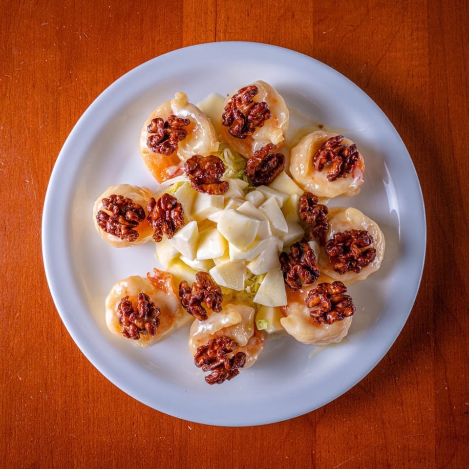 Modern Fusion's honey walnut shrimp with diced apples and lettuce on a white plate.